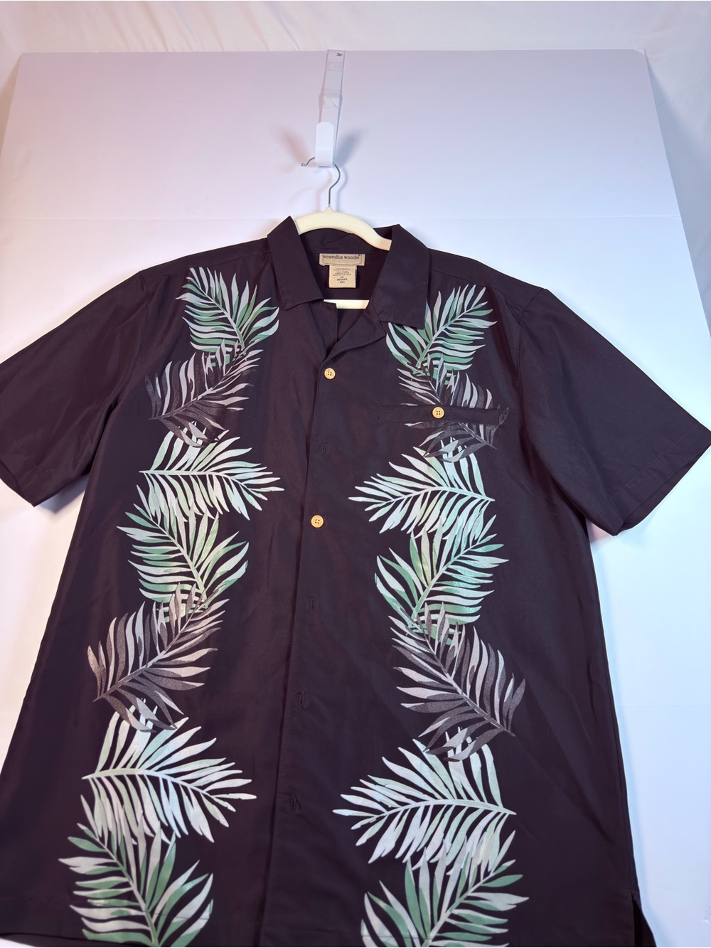 Scandia Woods Men’s Medium Black Tropical Palm Leaf Hawaiian Shirt